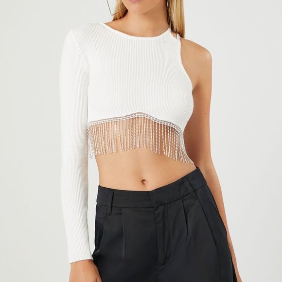 Sweater-Knit Rhinestone Crop Top - Picture 1 of 12